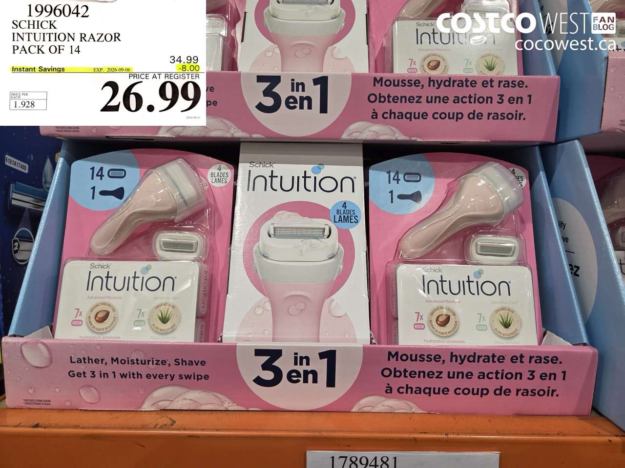 1996042 SCHICK INTUITION RAZOR PACK OF 14 ($8.00 INSTANT SAVINGS EXPIRES ON 2026-09-06) $26.99