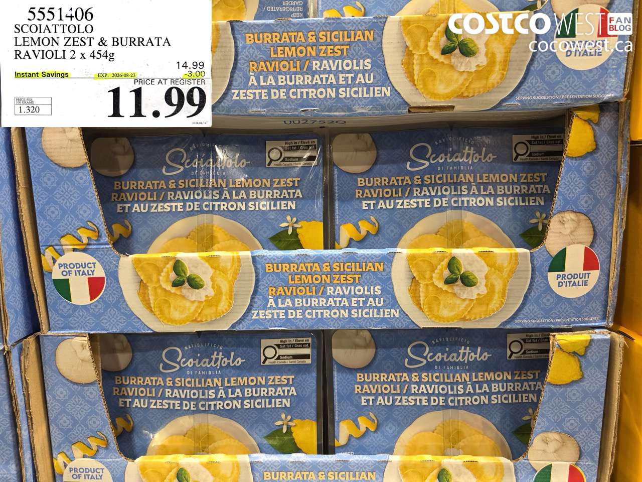 5551406 SCOIATTOLO LEMON ZEST & BURRATA RAVIOLI 2 X 454G ($3.00 INSTANT SAVINGS EXPIRES ON 2026-08-23) $11.99