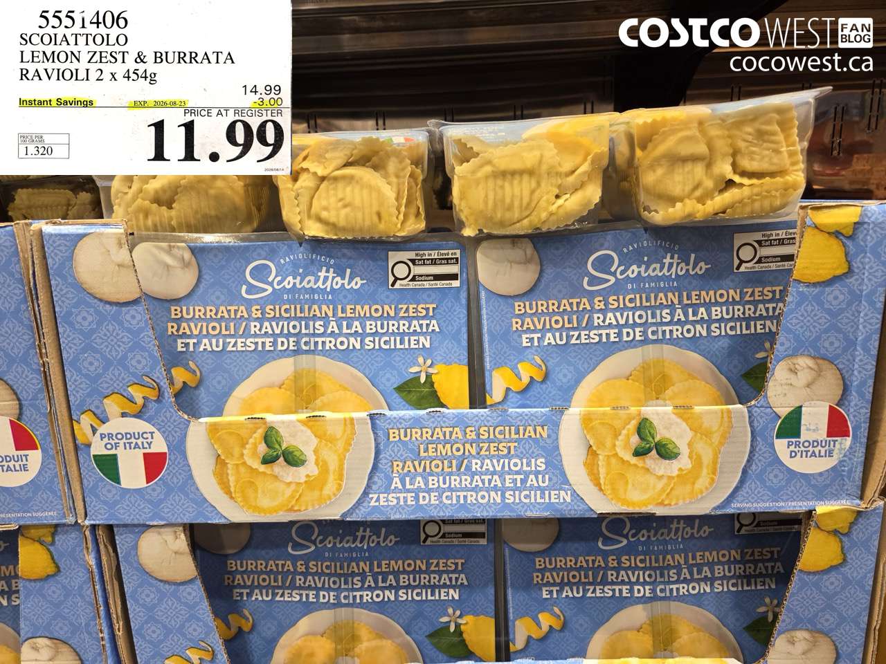 5551406 SCOIATTOLO LEMON ZEST & BURRATA RAVIOLI 2 X 454G ($3.00 INSTANT SAVINGS EXPIRES ON 2026-08-23) $11.99