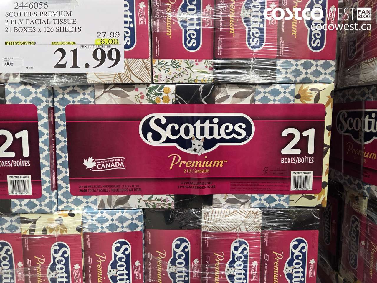 2446056 SCOTTIES PREMIUM 2 PLY FACIAL TISSUE 21 BOXES X 126 SHEETS ($6.00 INSTANT SAVINGS EXPIRES ON 2026-08-30) $21.99