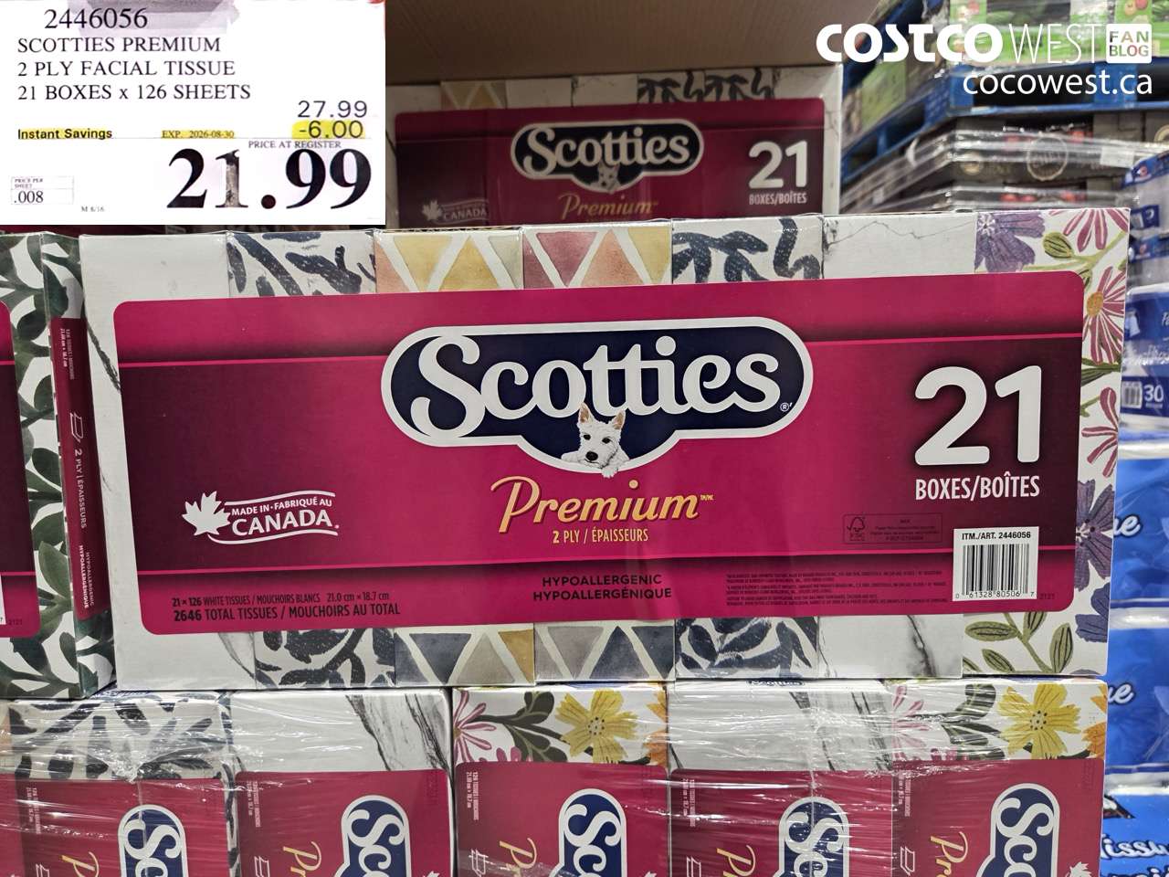 2446056 SCOTTIES PREMIUM 2 PLY FACIAL TISSUE 21 BOXES X 126 SHEETS ($6.00 INSTANT SAVINGS EXPIRES ON 2026-08-30) $21.99