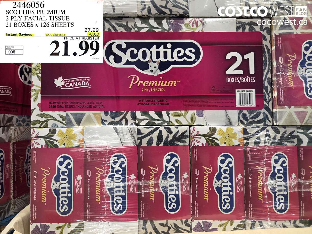 2446056 SCOTTIES PREMIUM 2 PLY FACIAL TISSUE 21 BOXES X 126 SHEETS ($6.00 INSTANT SAVINGS EXPIRES ON 2026-08-30) $21.99