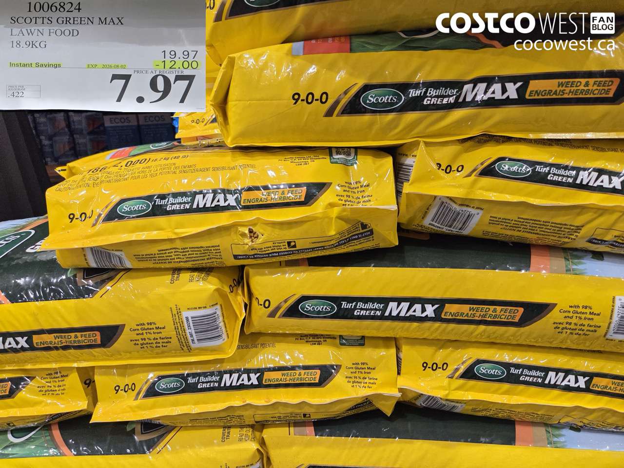 1006824 SCOTTS GREEN MAX LAWN FOOD 18.9KG ($12.00 INSTANT SAVINGS EXPIRES ON 2026-08-02) $7.97