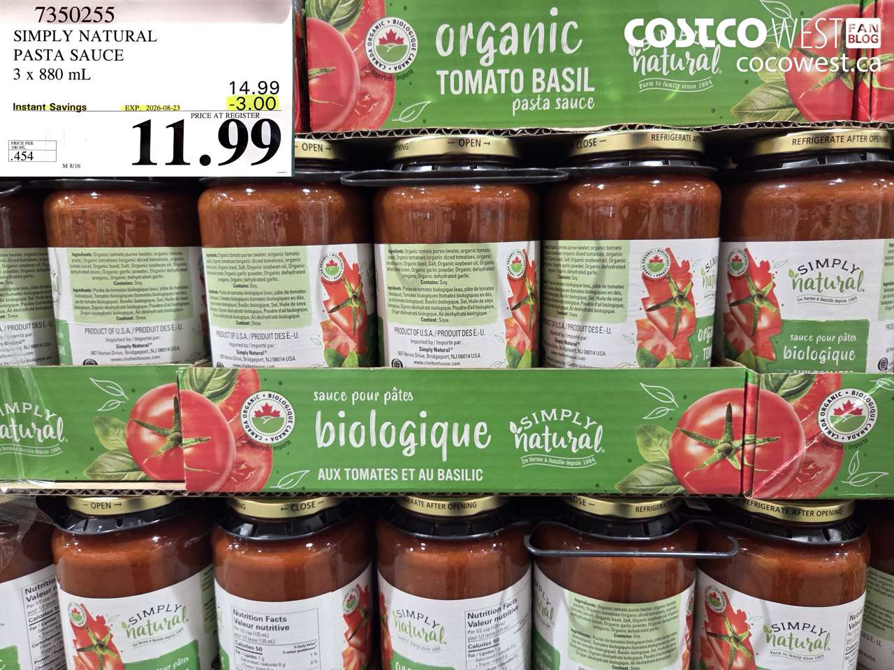 7350255 SIMPLY NATURAL PASTA SAUCE 3 X 880 ML ($3.00 INSTANT SAVINGS EXPIRES ON 2026-08-23) $11.99