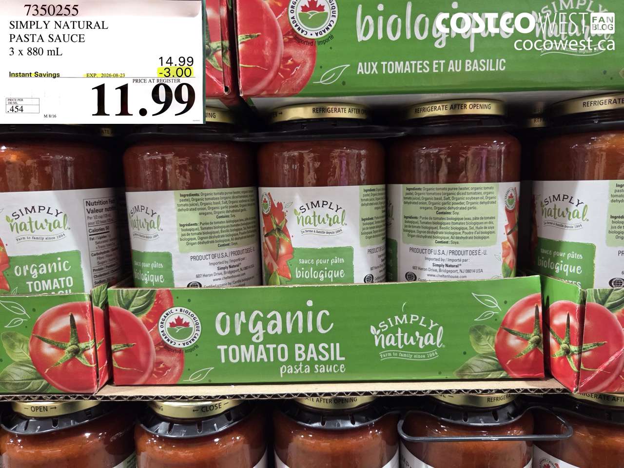 7350255 SIMPLY NATURAL PASTA SAUCE 3 X 880 ML ($3.00 INSTANT SAVINGS EXPIRES ON 2026-08-23) $11.99
