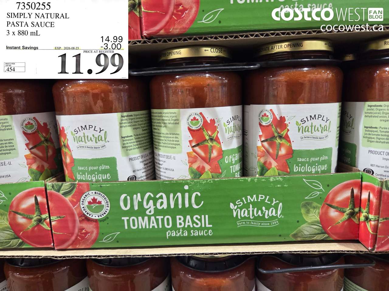 7350255 SIMPLY NATURAL PASTA SAUCE 3 X 880 ML ($3.00 INSTANT SAVINGS EXPIRES ON 2026-08-23) $11.99