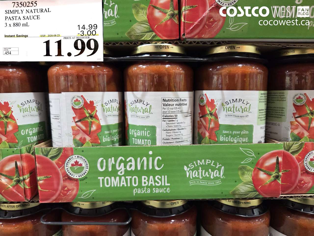 7350255 SIMPLY NATURAL PASTA SAUCE 3 X 880 ML ($3.00 INSTANT SAVINGS EXPIRES ON 2026-08-23) $11.99