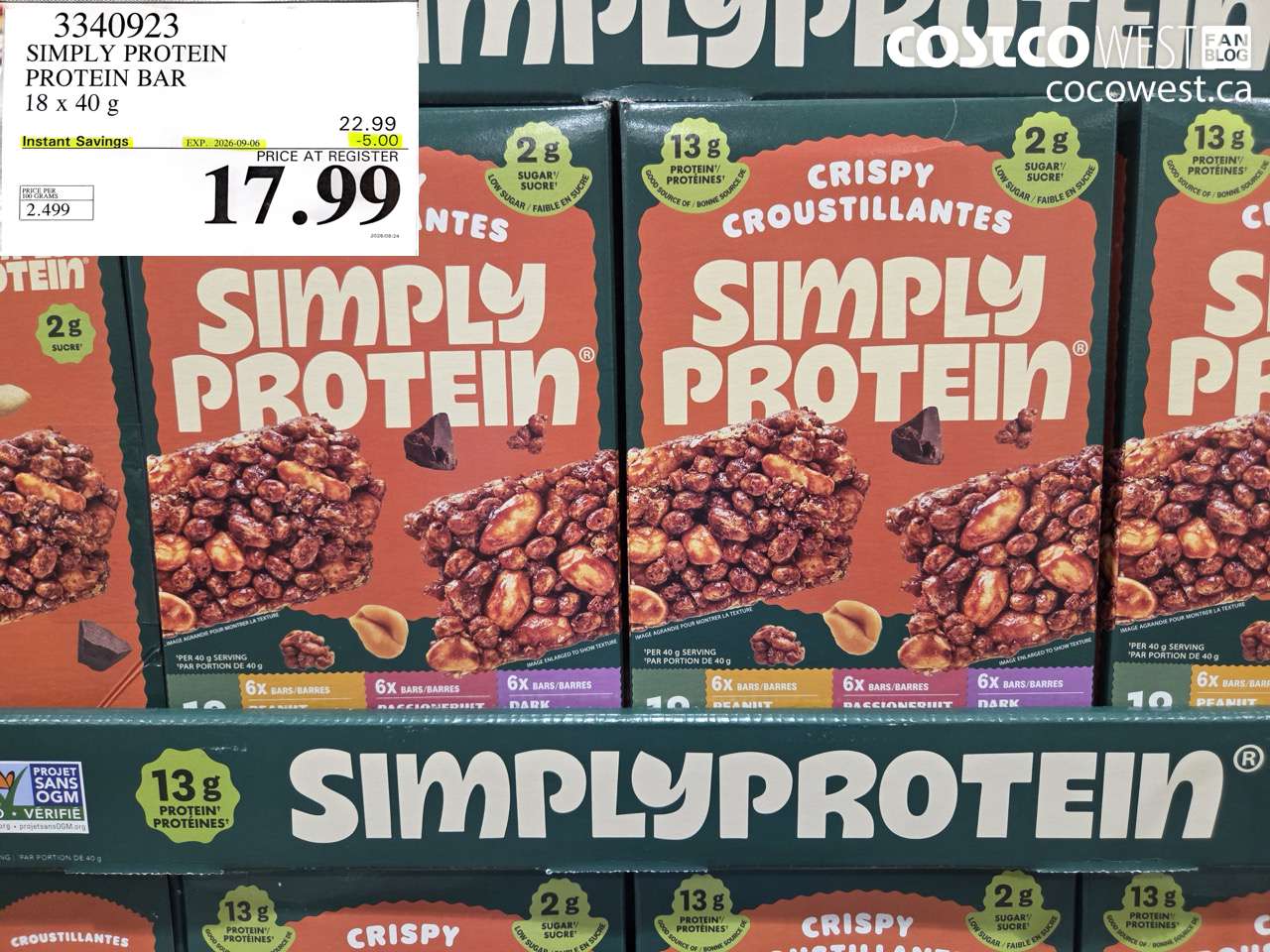 3340923 SIMPLY PROTEIN PROTEIN BAR 18 X 40 G ($5.00 INSTANT SAVINGS EXPIRES ON 2026-09-06) $17.99