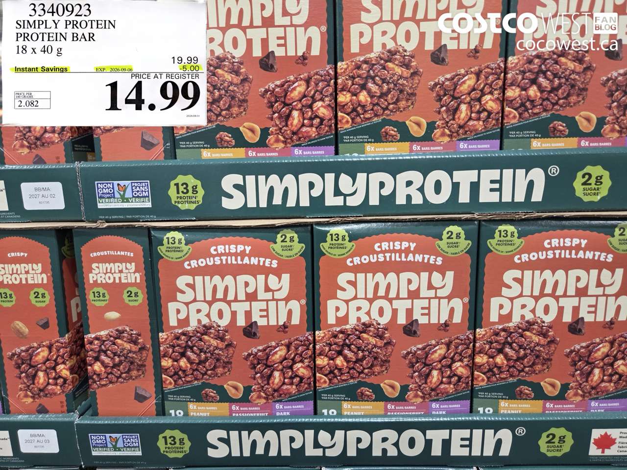 3340923 SIMPLY PROTEIN PROTEIN BAR 18 X 40 G ($5.00 INSTANT SAVINGS EXPIRES ON 2026-09-06) $14.99