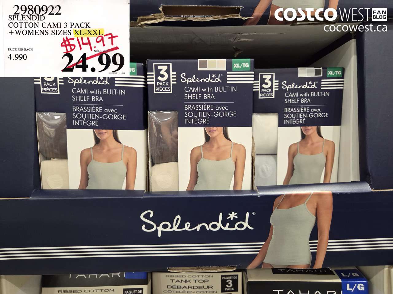 2980922 SPLENDID COTTON CAMI 3 PACK + WOMENS SIZES XL-XXL $14.97