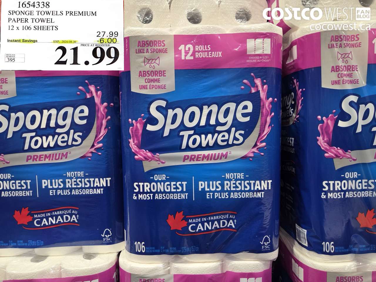 1654338 SPONGE TOWELS PREMIUM PAPER TOWEL 12 X 106 SHEETS ($6.00 INSTANT SAVINGS EXPIRES ON 2026-08-30) $21.99