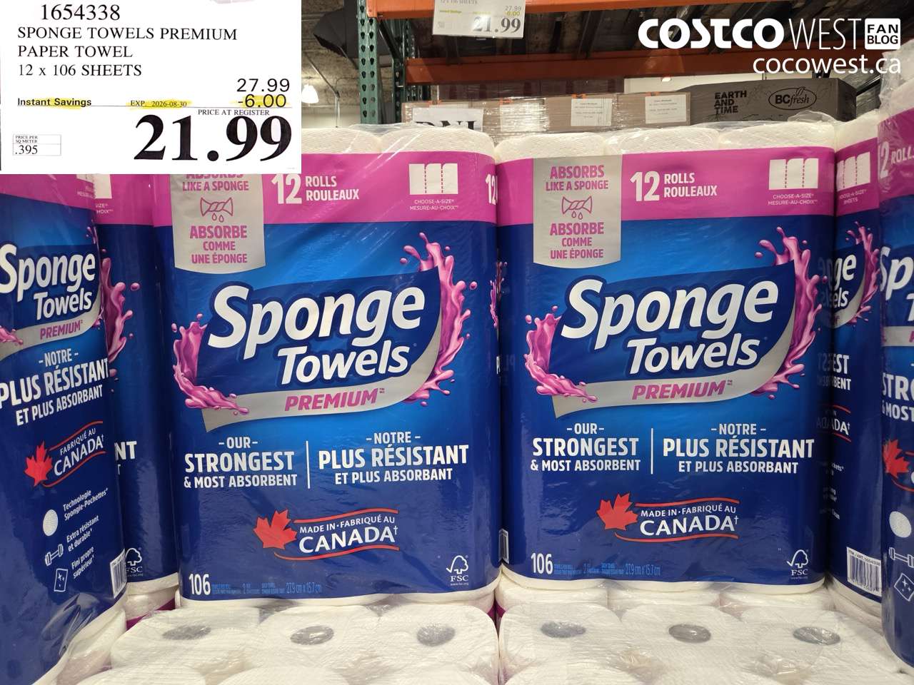 1654338 SPONGE TOWELS PREMIUM PAPER TOWEL 12 X 106 SHEETS ($6.00 INSTANT SAVINGS EXPIRES ON 2026-08-30) $21.99