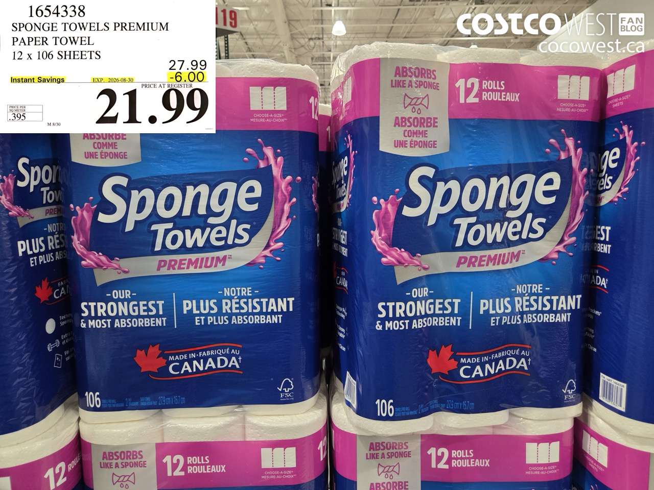 1654338 SPONGE TOWELS PREMIUM PAPER TOWEL 12 X 106 SHEETS ($6.00 INSTANT SAVINGS EXPIRES ON 2026-08-30) $21.99