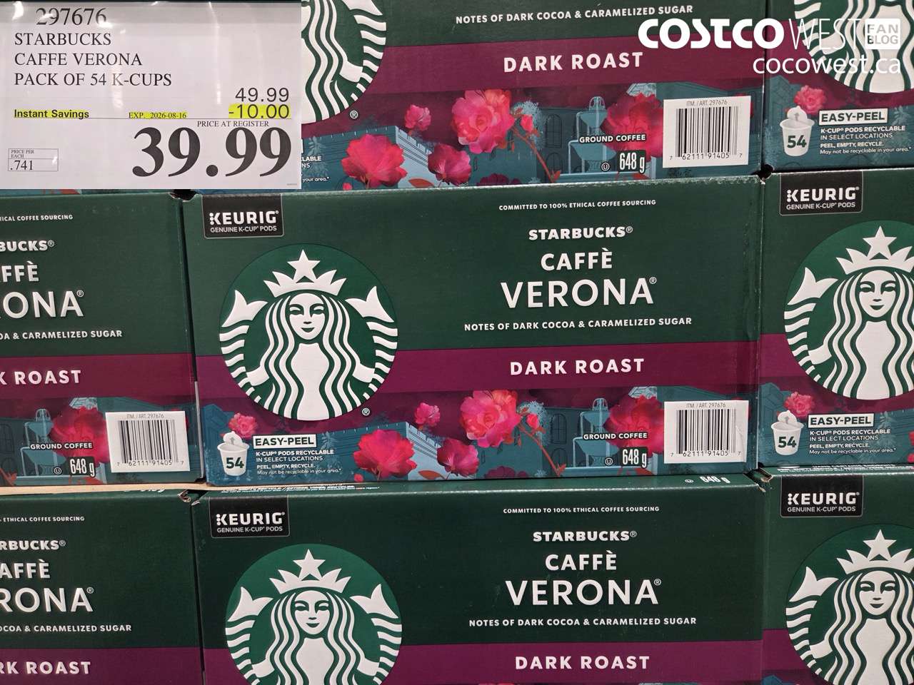 297676 STARBUCKS CAFFE VERONA PACK OF 54 K-CUPS ($10.00 INSTANT SAVINGS EXPIRES ON 2026-08-16) $39.99