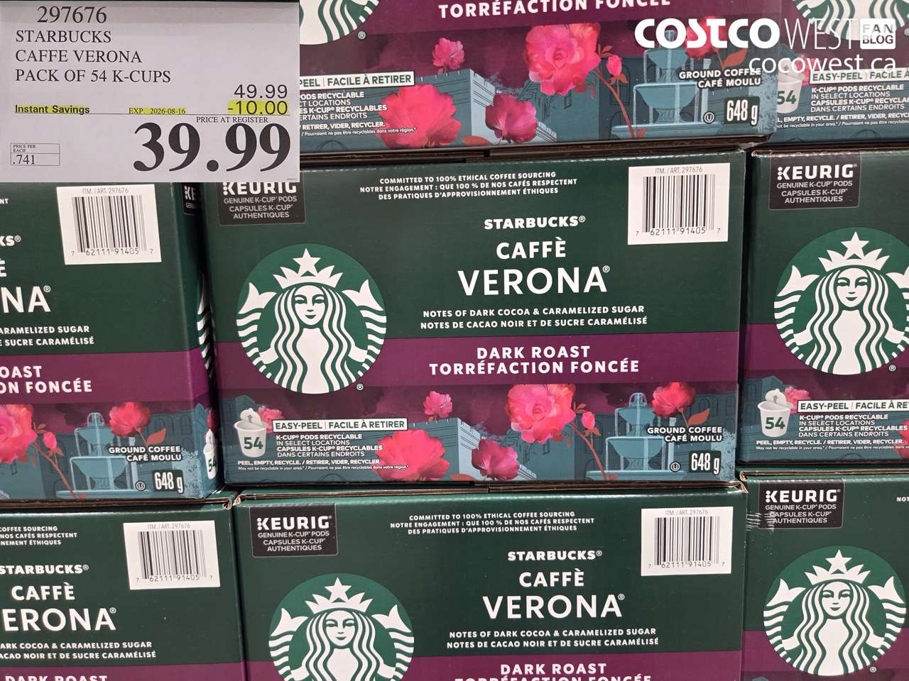 297676 STARBUCKS CAFFE VERONA PACK OF 54 K-CUPS ($10.00 INSTANT SAVINGS EXPIRES ON 2026-08-16) $39.99
