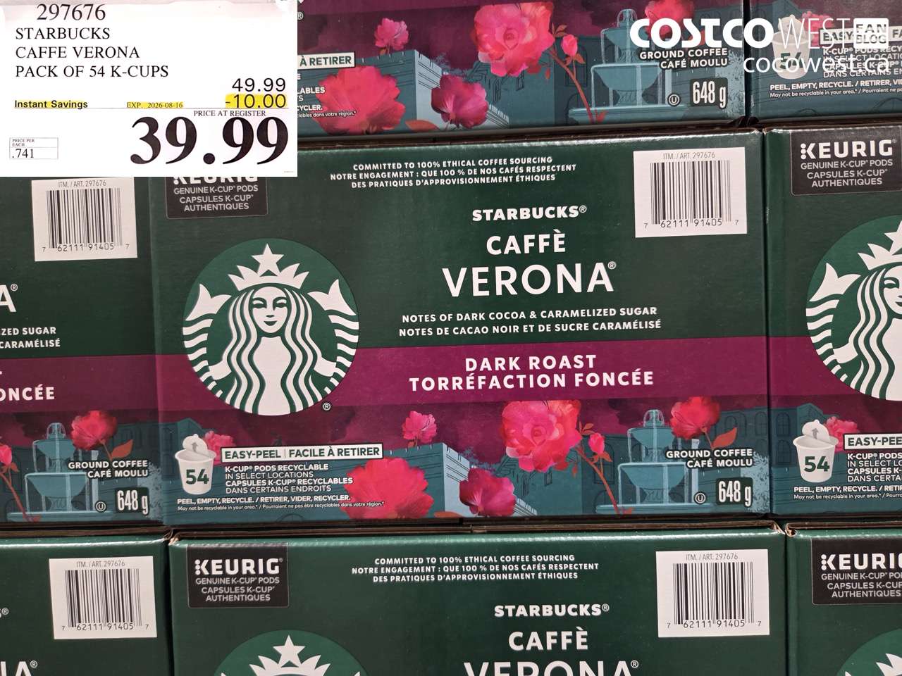 297676 STARBUCKS CAFFE VERONA PACK OF 54 K-CUPS ($10.00 INSTANT SAVINGS EXPIRES ON 2026-08-16) $39.99