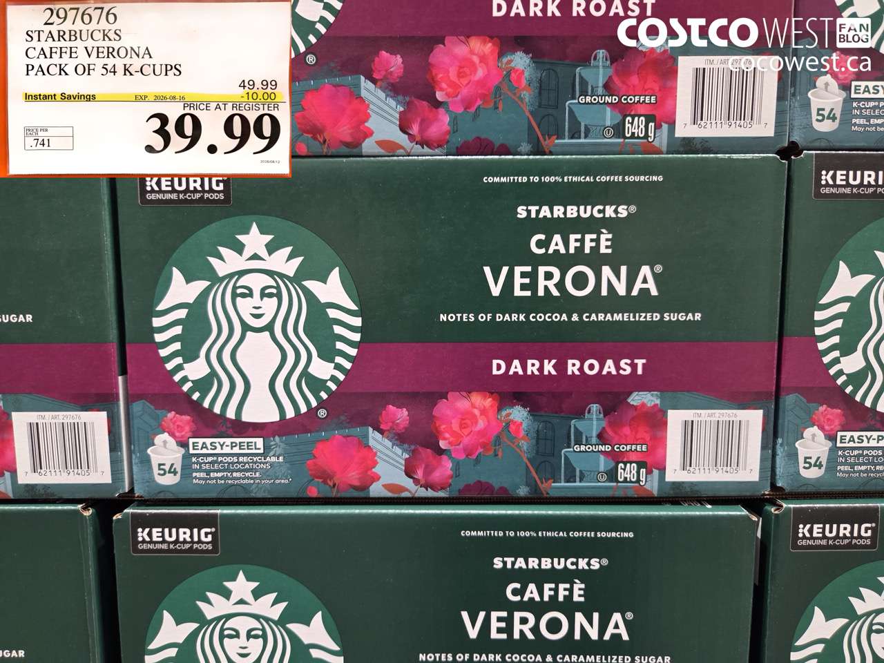 297676 STARBUCKS CAFFE VERONA PACK OF 54 K-CUPS ($10.00 INSTANT SAVINGS EXPIRES ON 2026-08-16) $39.99