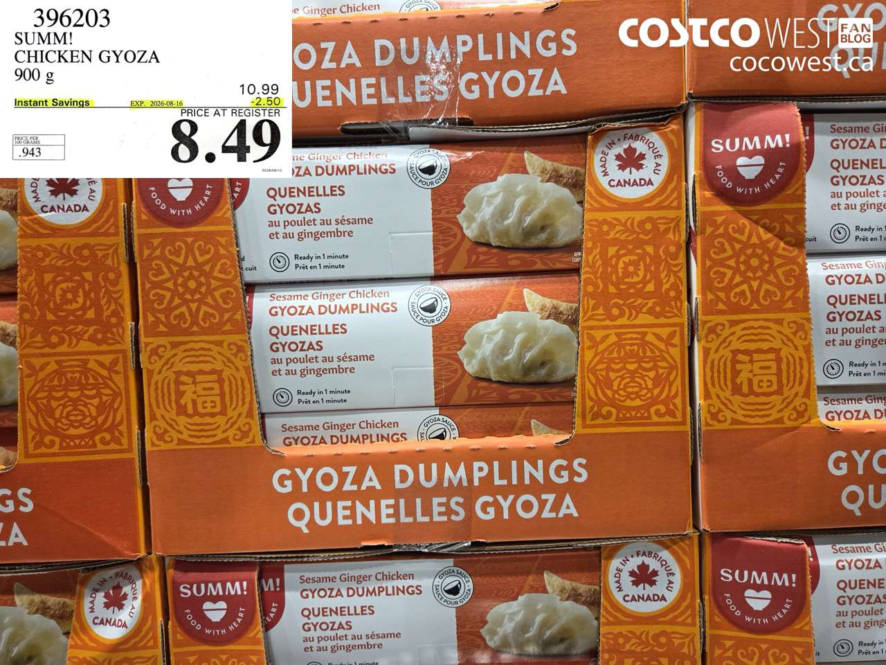 396203 SUMM! CHICKEN GYOZA 900 G ($2.50 INSTANT SAVINGS EXPIRES ON 2026-08-16) $8.49