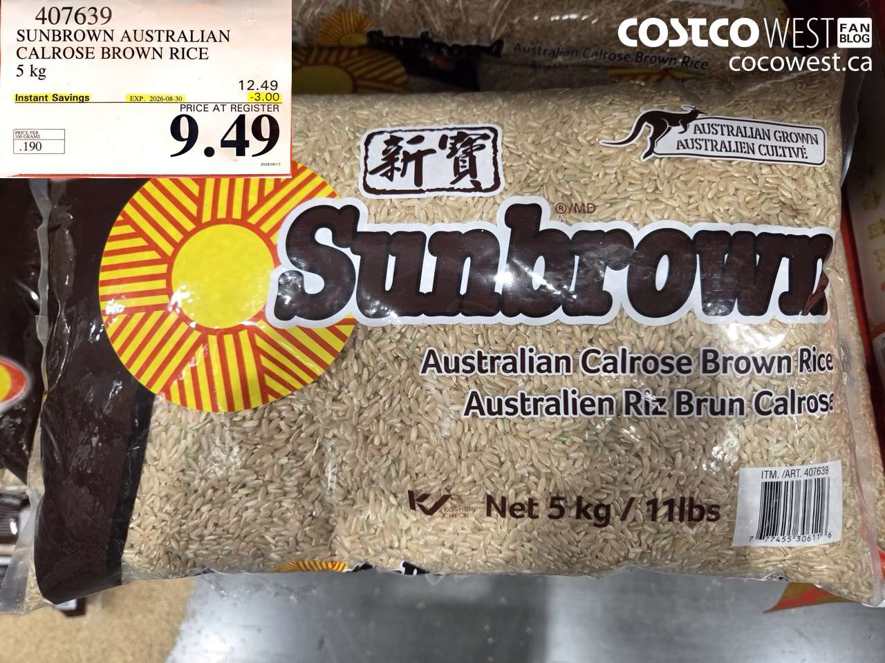 407639 SUNBROWN AUSTRALIAN CALROSE BROWN RICE 5 KG ($3.00 INSTANT SAVINGS EXPIRES ON 2026-08-30) $9.49
