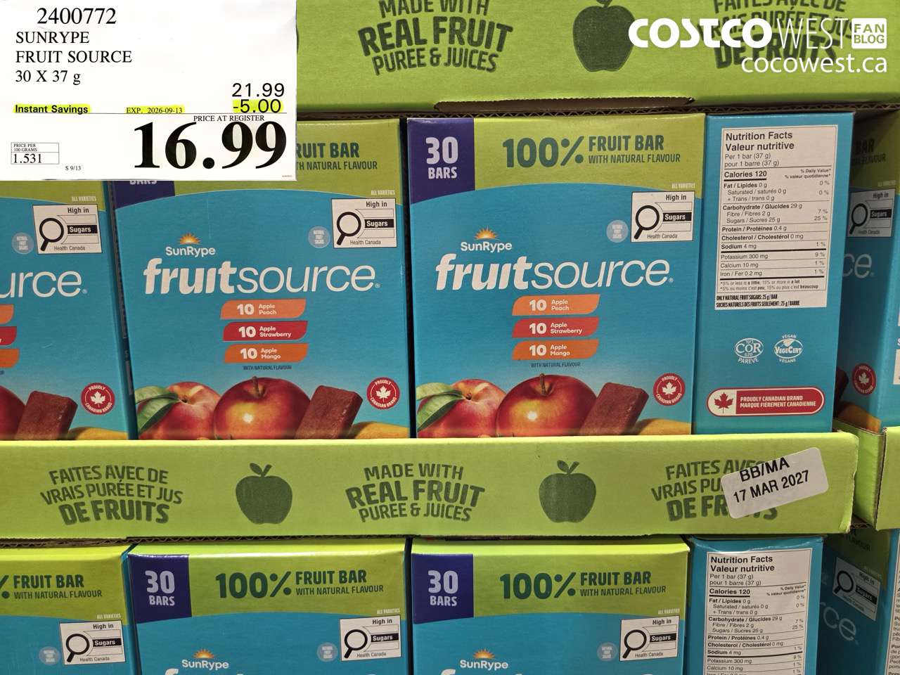 2400772 SUNRYPE FRUIT SOURCE 30 X 37 G ($5.00 INSTANT SAVINGS EXPIRES ON 2026-09-13) $16.99