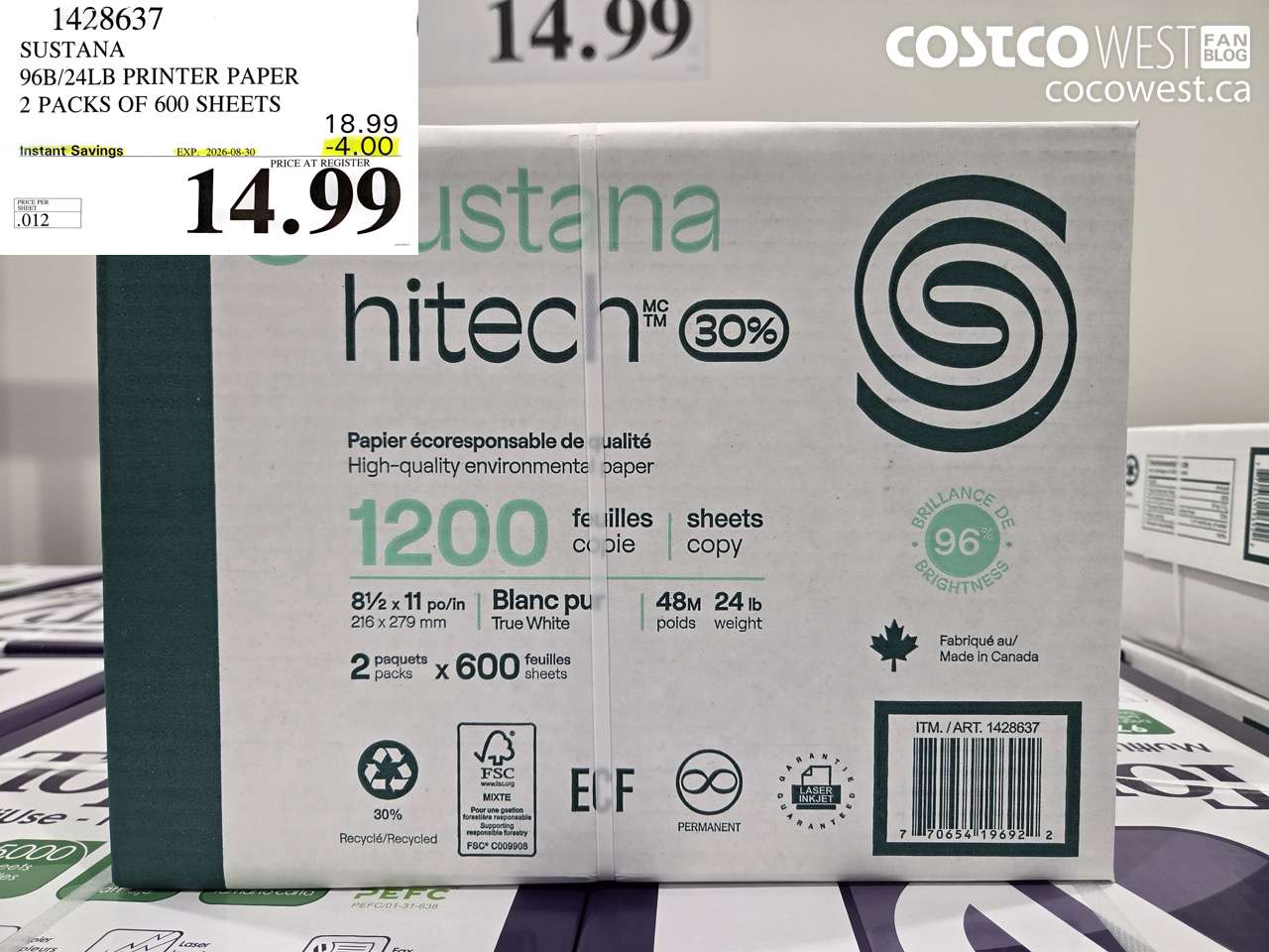 1428637 SUSTANA 96B/24LB PRINTER PAPER 2 PACKS OF 600 SHEETS ($4.00 INSTANT SAVINGS EXPIRES ON 2026-08-30) $14.99