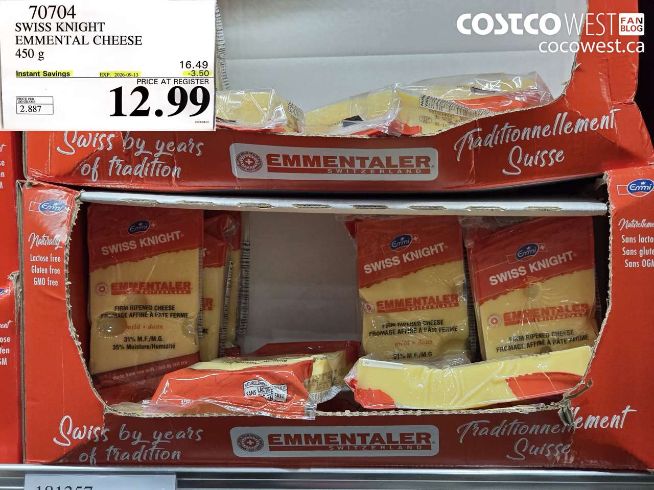 70704 SWISS KNIGHT EMMENTAL CHEESE 450 G ($3.50 INSTANT SAVINGS EXPIRES ON 2026-09-13) $12.99