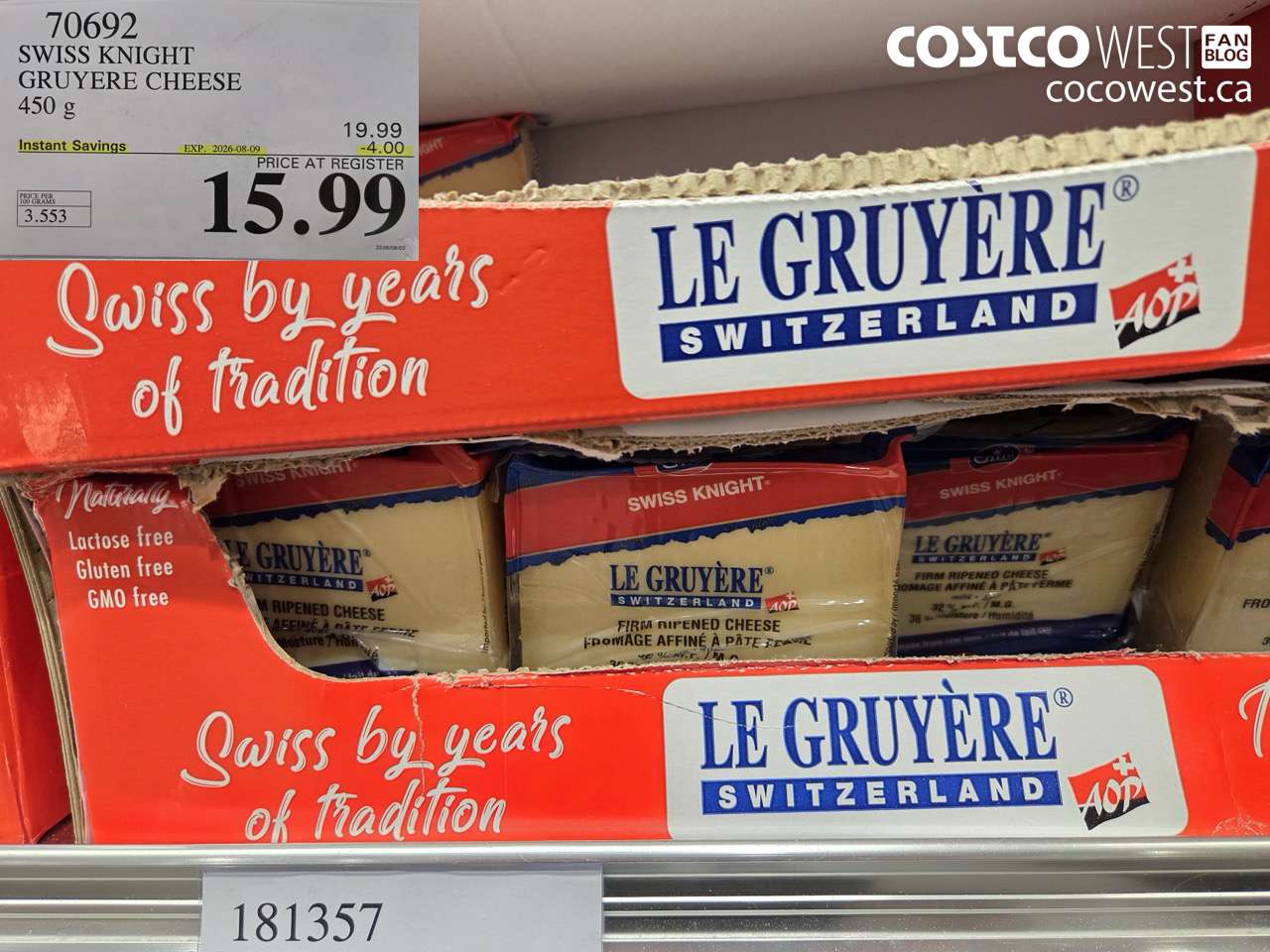 70692 SWISS KNIGHT GRUYERE CHEESE 450 G ($4.00 INSTANT SAVINGS EXPIRES ON 2026-08-09) $15.99