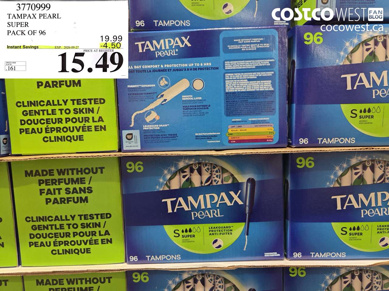 3770999 TAMPAX PEARL SUPER PACK OF 96 ($4.50 INSTANT SAVINGS EXPIRES ON 2026-09-27) $15.49