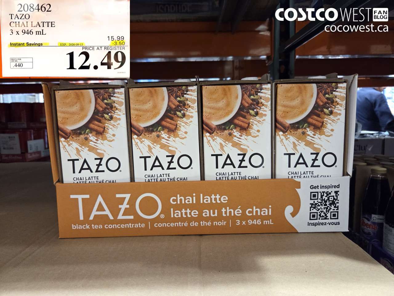 208462 TAZO CHAI LATTE 3 X 946 ML ($3.50 INSTANT SAVINGS EXPIRES ON 2026-09-13) $12.49