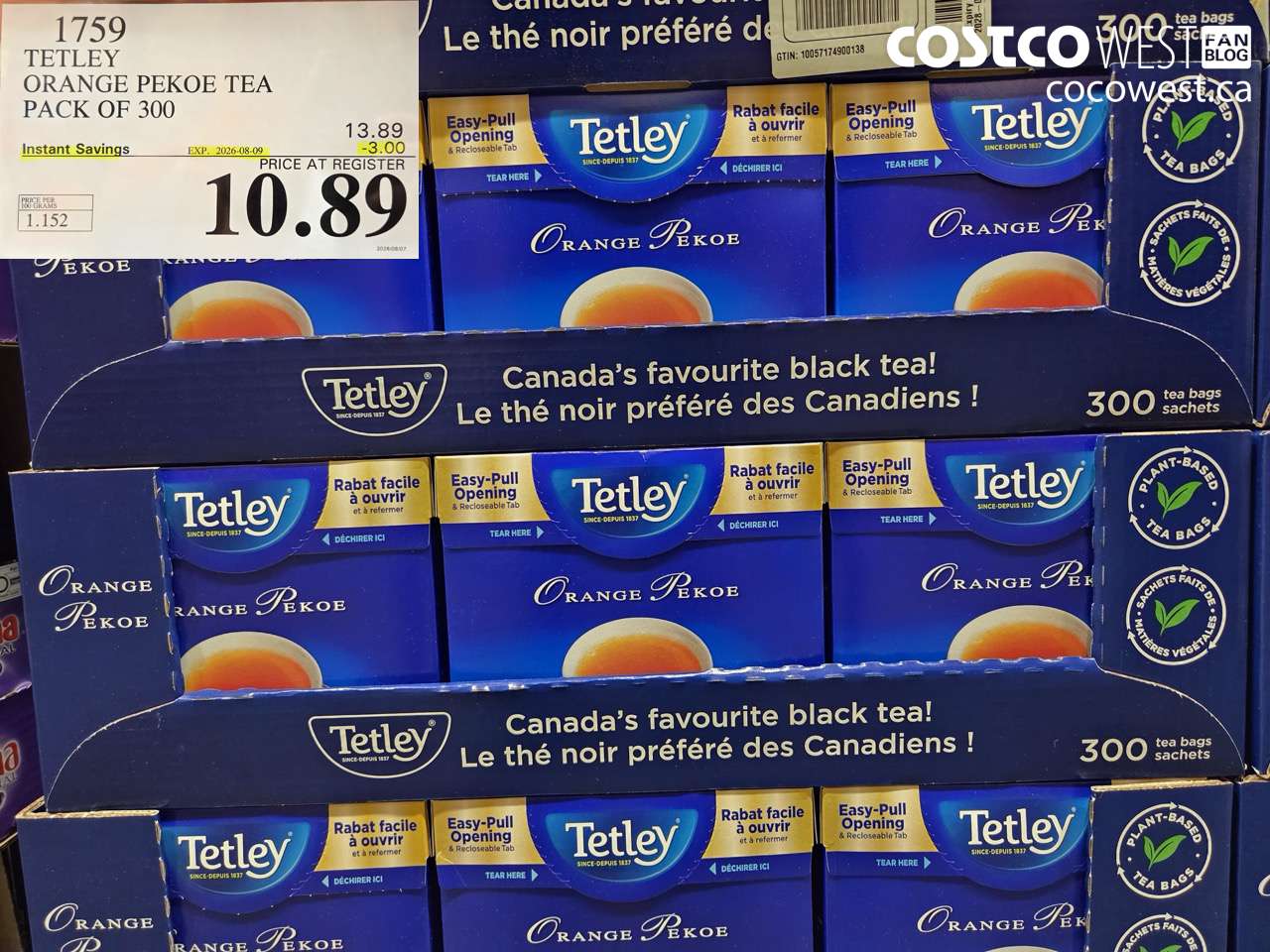 1759 TETLEY ORANGE PEKOE TEA PACK OF 300 ($3.00 INSTANT SAVINGS EXPIRES ON 2026-08-09) $10.89