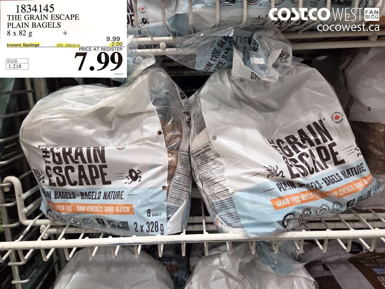 1834145 THE GRAIN ESCAPE PLAIN BAGELS 8 X 82 G ($2.00 INSTANT SAVINGS EXPIRES ON 2026-08-16) $7.99