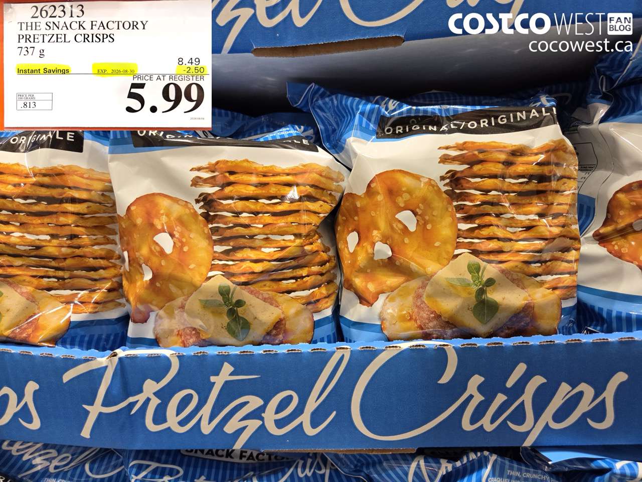 262313 THE SNACK FACTORY PRETZEL CRISPS 737 G ($2.50 INSTANT SAVINGS EXPIRES ON 2026-08-30) $5.99