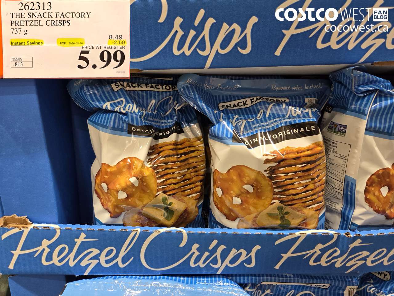 262313 THE SNACK FACTORY PRETZEL CRISPS 737 G ($2.50 INSTANT SAVINGS EXPIRES ON 2026-08-30) $5.99