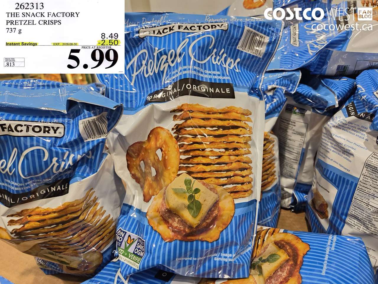 262313 THE SNACK FACTORY PRETZEL CRISPS 737 G ($2.50 INSTANT SAVINGS EXPIRES ON 2026-08-30) $5.99