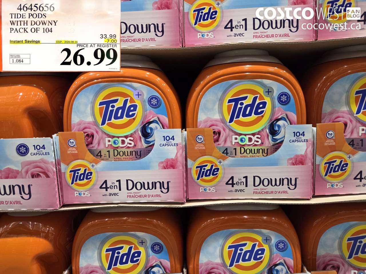 4645656 TIDE PODS WITH DOWNY PACK OF 104 ($7.00 INSTANT SAVINGS EXPIRES ON 2026-08-16) $26.99