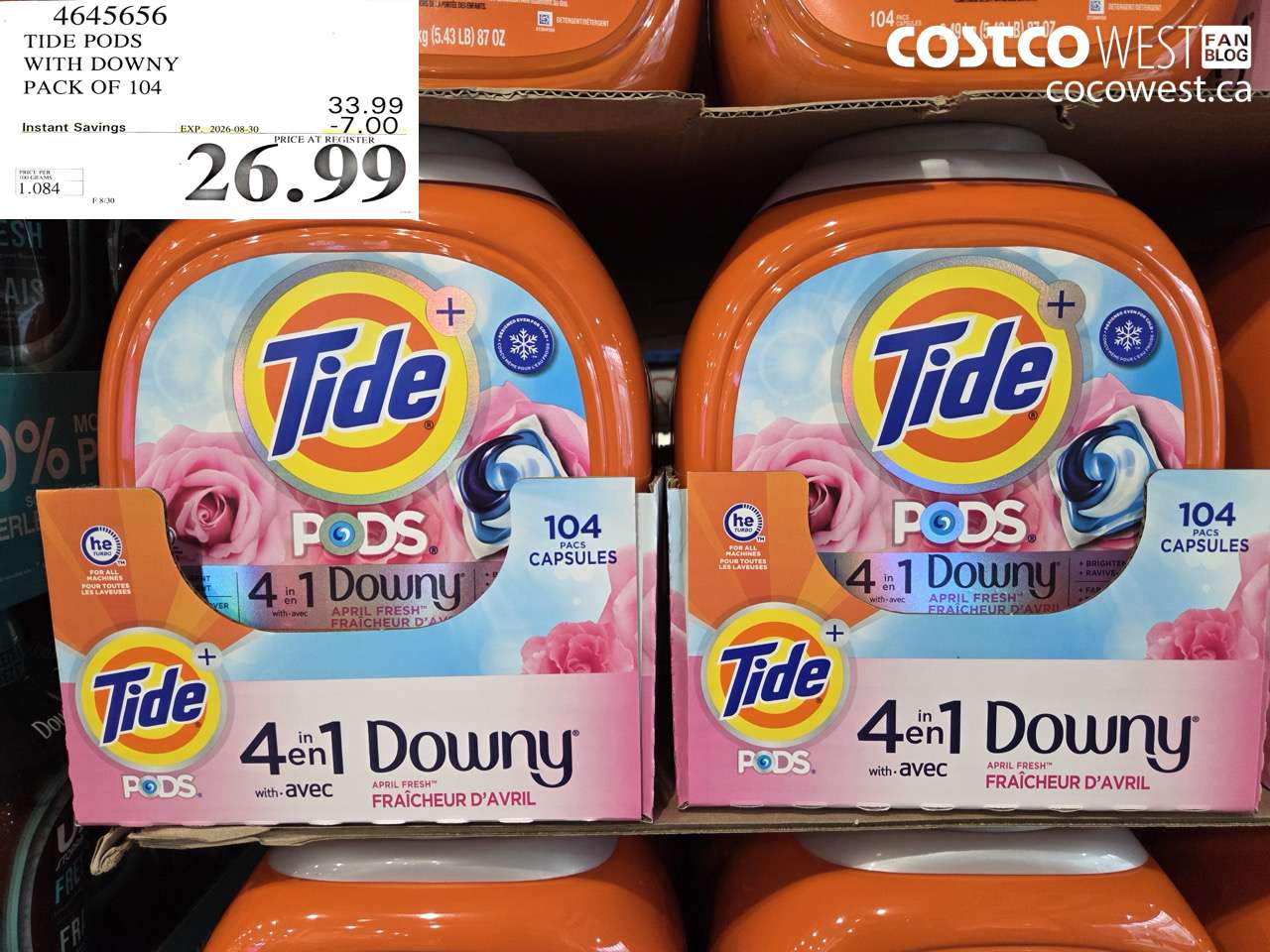 4645656 TIDE PODS WITH DOWNY PACK OF 104 ($7.00 INSTANT SAVINGS EXPIRES ON 2026-08-30) $26.99