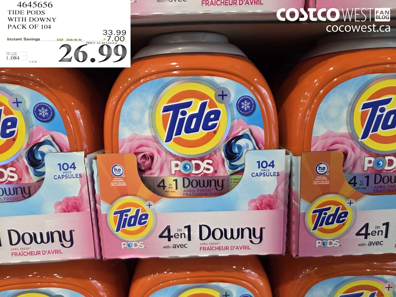 4645656 TIDE PODS WITH DOWNY PACK OF 104 ($7.00 INSTANT SAVINGS EXPIRES ON 2026-08-30) $26.99