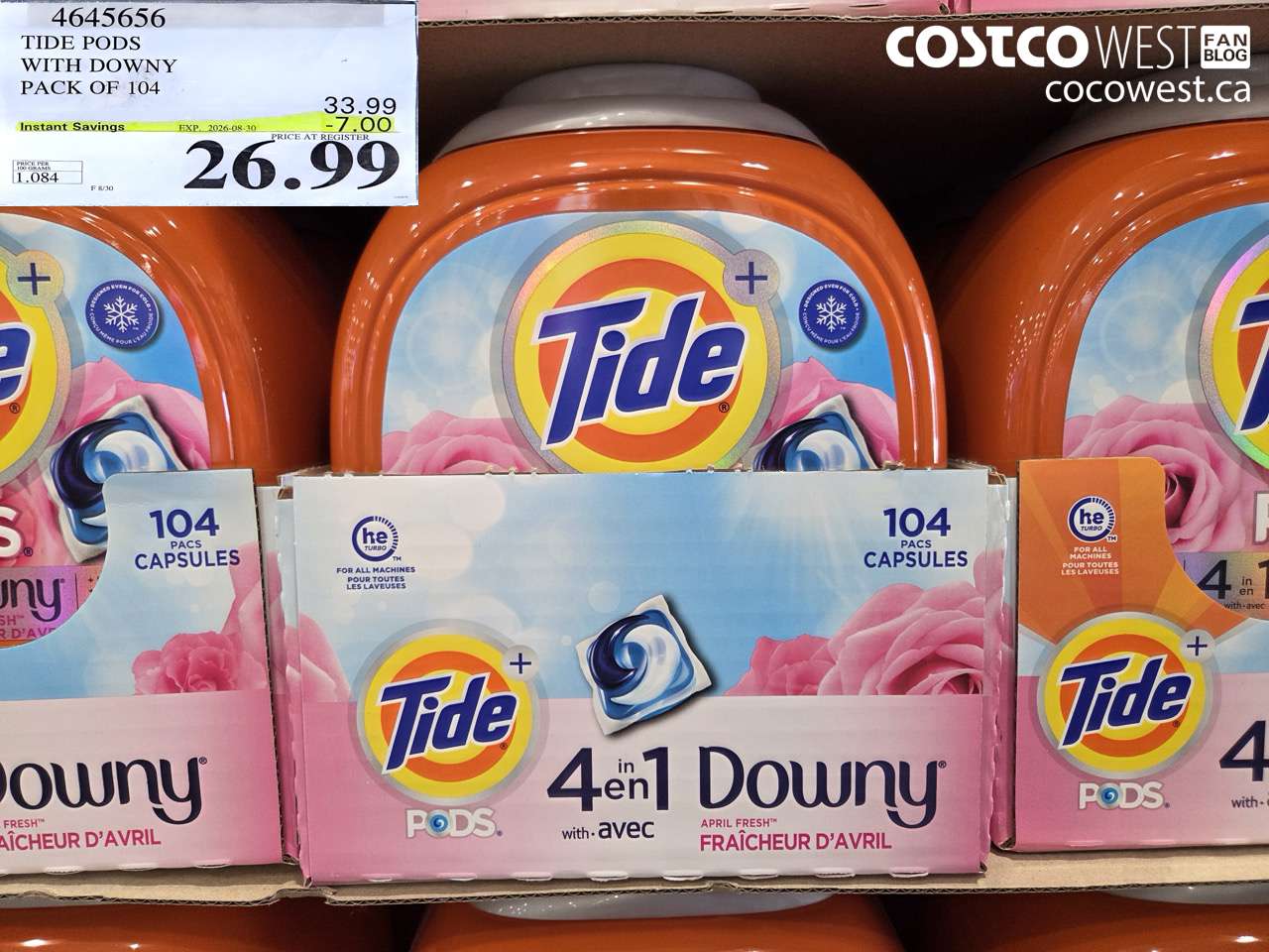 4645656 TIDE PODS WITH DOWNY PACK OF 104 ($7.00 INSTANT SAVINGS EXPIRES ON 2026-08-30) $26.99