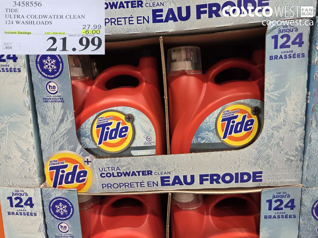 3458556 TIDE ULTRA COLDWATER CLEAN 124 WASHLOADS ($6.00 INSTANT SAVINGS EXPIRES ON 2026-08-30) $21.99