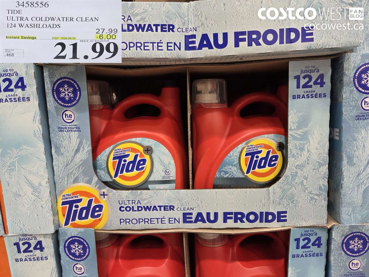 3458556 TIDE ULTRA COLDWATER CLEAN 124 WASHLOADS ($6.00 INSTANT SAVINGS EXPIRES ON 2026-08-30) $21.99