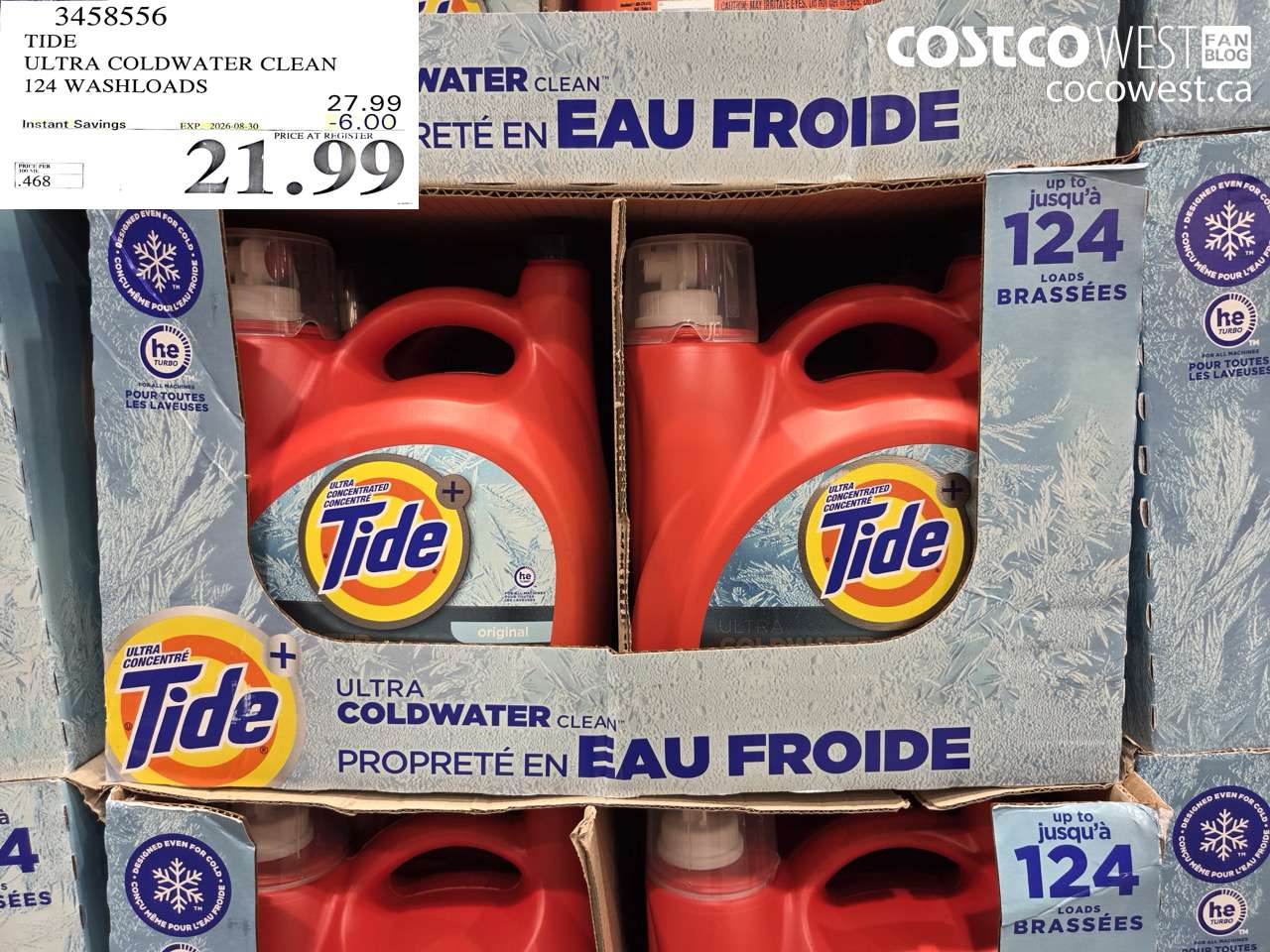 3458556 TIDE ULTRA COLDWATER CLEAN 124 WASHLOADS ($6.00 INSTANT SAVINGS EXPIRES ON 2026-08-30) $21.99