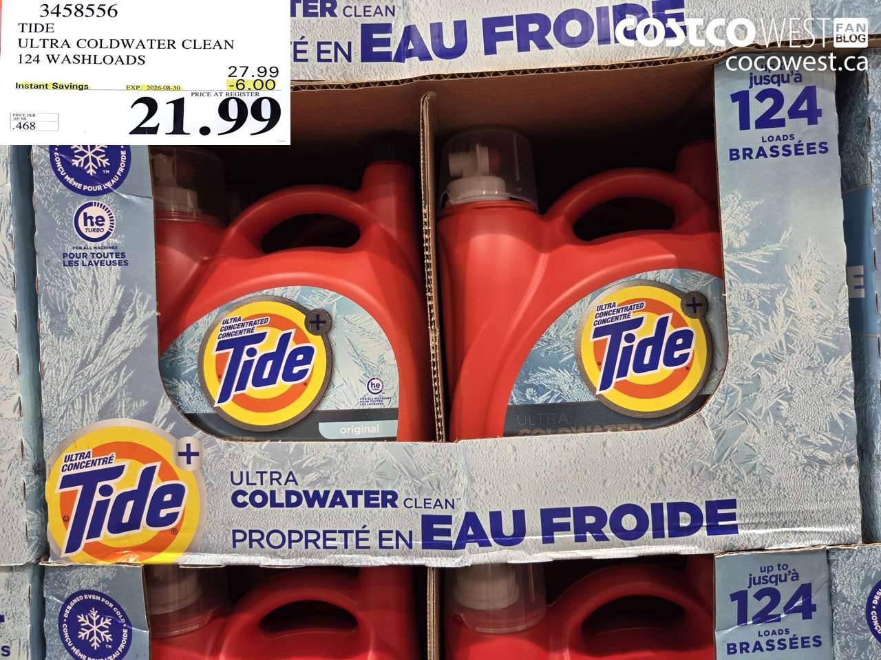 3458556 TIDE ULTRA COLDWATER CLEAN 124 WASHLOADS ($6.00 INSTANT SAVINGS EXPIRES ON 2026-08-30) $21.99
