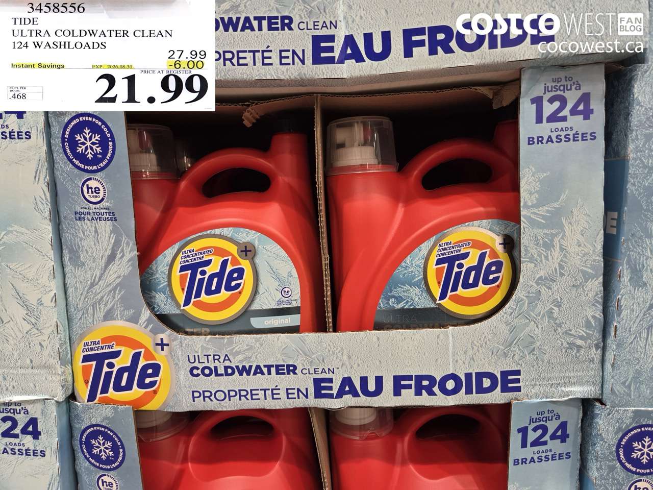 3458556 TIDE ULTRA COLDWATER CLEAN 124 WASHLOADS ($6.00 INSTANT SAVINGS EXPIRES ON 2026-08-30) $21.99