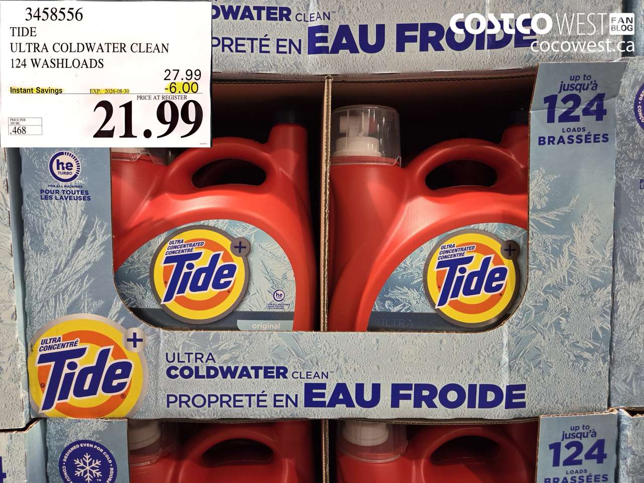 3458556 TIDE ULTRA COLDWATER CLEAN 124 WASHLOADS ($6.00 INSTANT SAVINGS EXPIRES ON 2026-08-30) $21.99