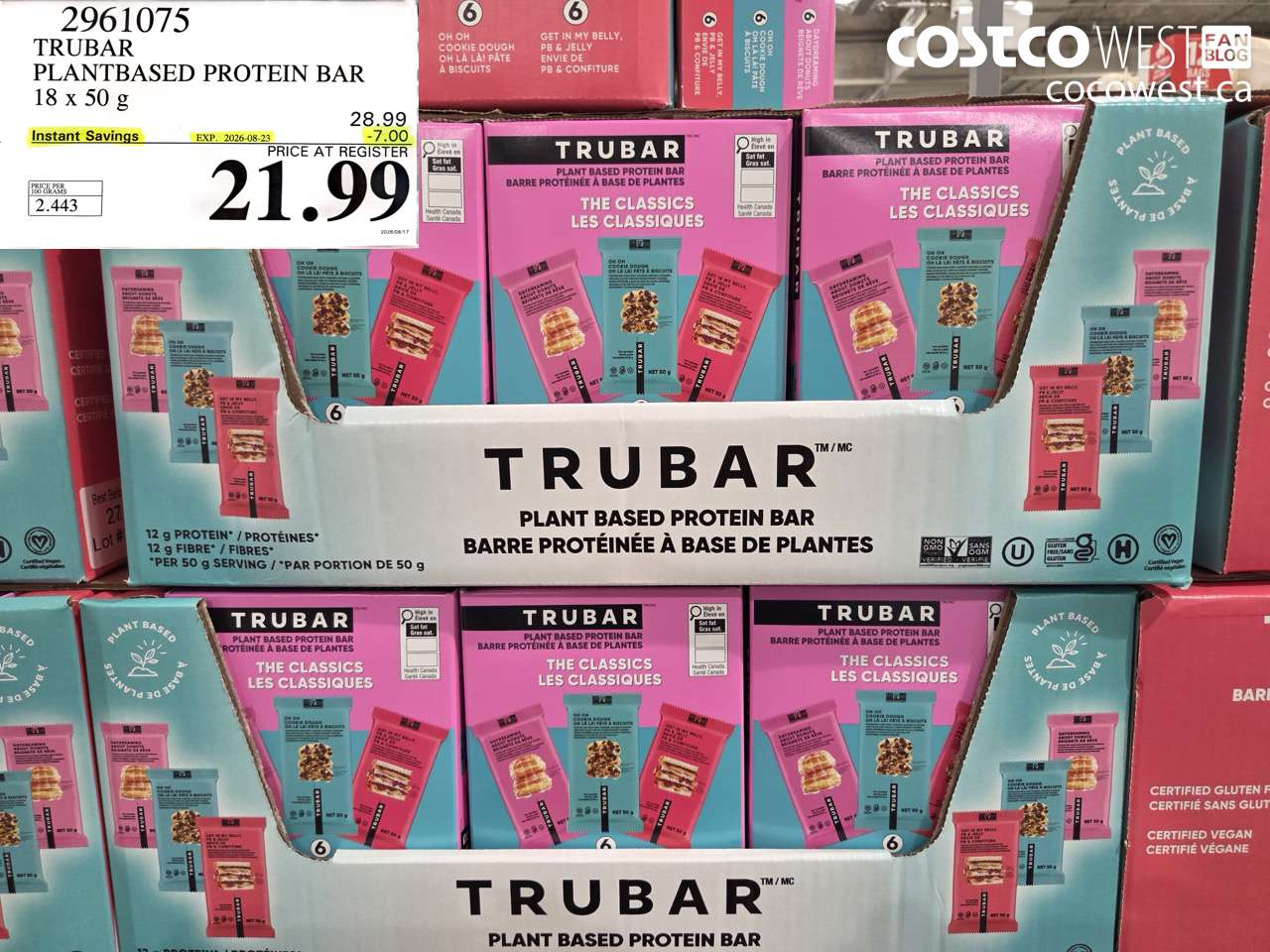 2961075 TRUBAR PLANTBASED PROTEIN BAR 18 X 50 G ($7.00 INSTANT SAVINGS EXPIRES ON 2026-08-23) $21.99