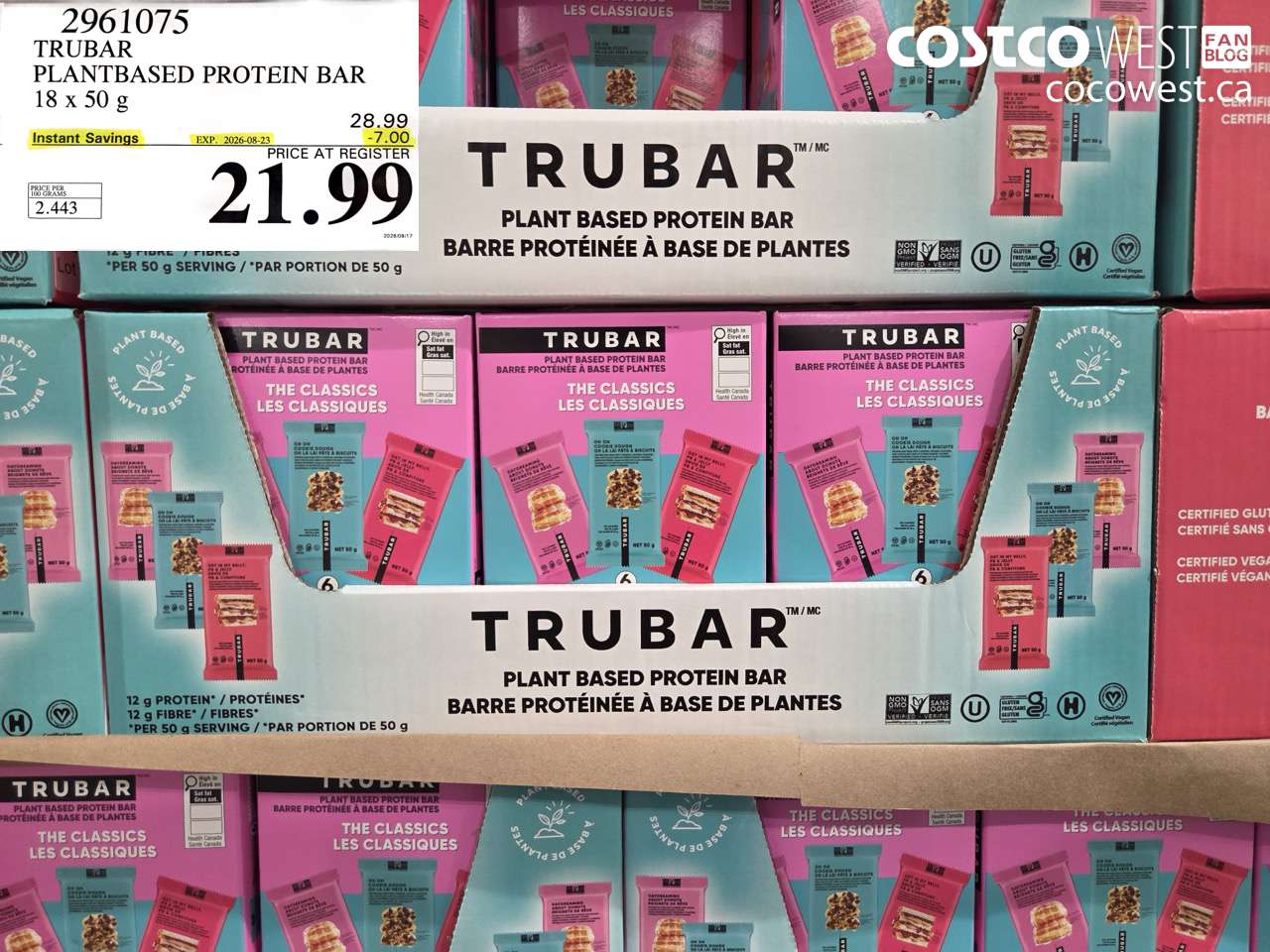 2961075 TRUBAR PLANTBASED PROTEIN BAR 18 X 50 G ($7.00 INSTANT SAVINGS EXPIRES ON 2026-08-23) $21.99