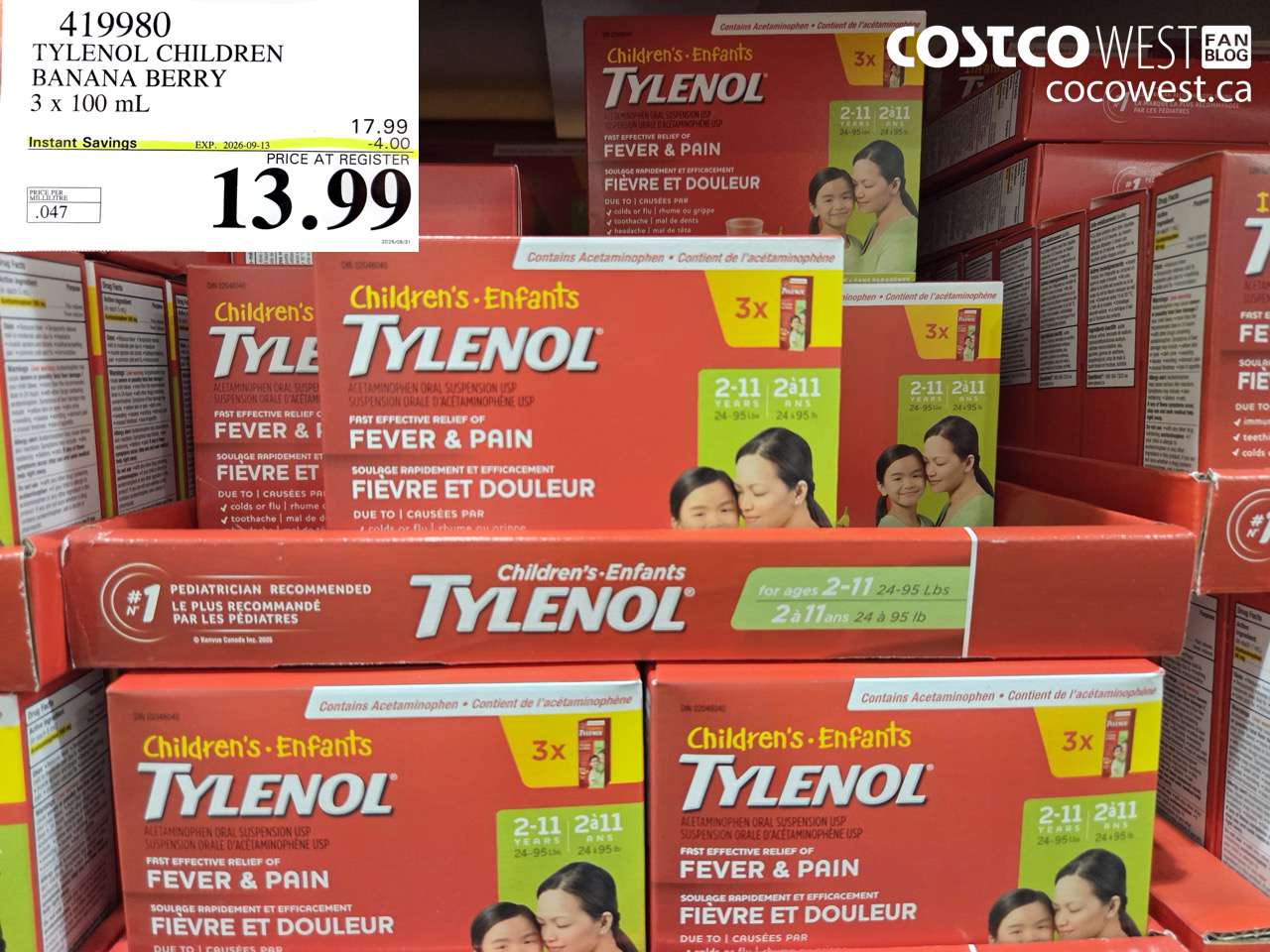 419980 TYLENOL CHILDREN BANANA BERRY 3 X 100 ML ($4.00 INSTANT SAVINGS EXPIRES ON 2026-09-13) $13.99