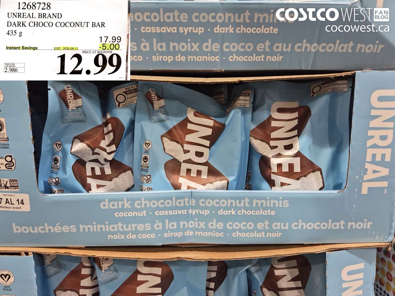1268728 UNREAL BRAND DARK CHOCO COCONUT BAR 435 G ($5.00 INSTANT SAVINGS EXPIRES ON 2026-08-13) $12.99