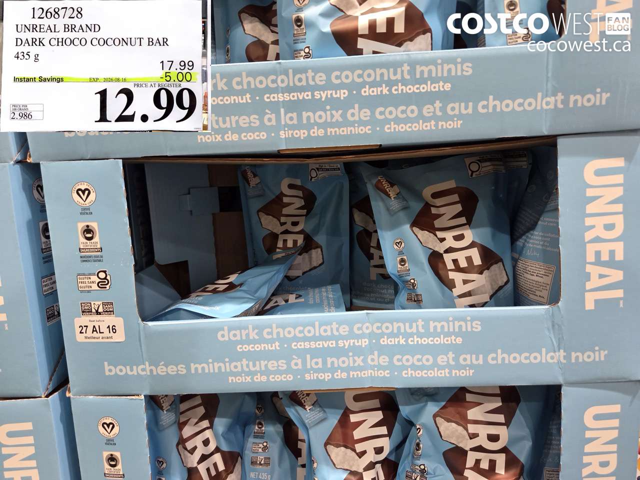 1268728 UNREAL BRAND DARK CHOCO COCONUT BAR 435 G ($5.00 INSTANT SAVINGS EXPIRES ON 2026-08-16) $12.99