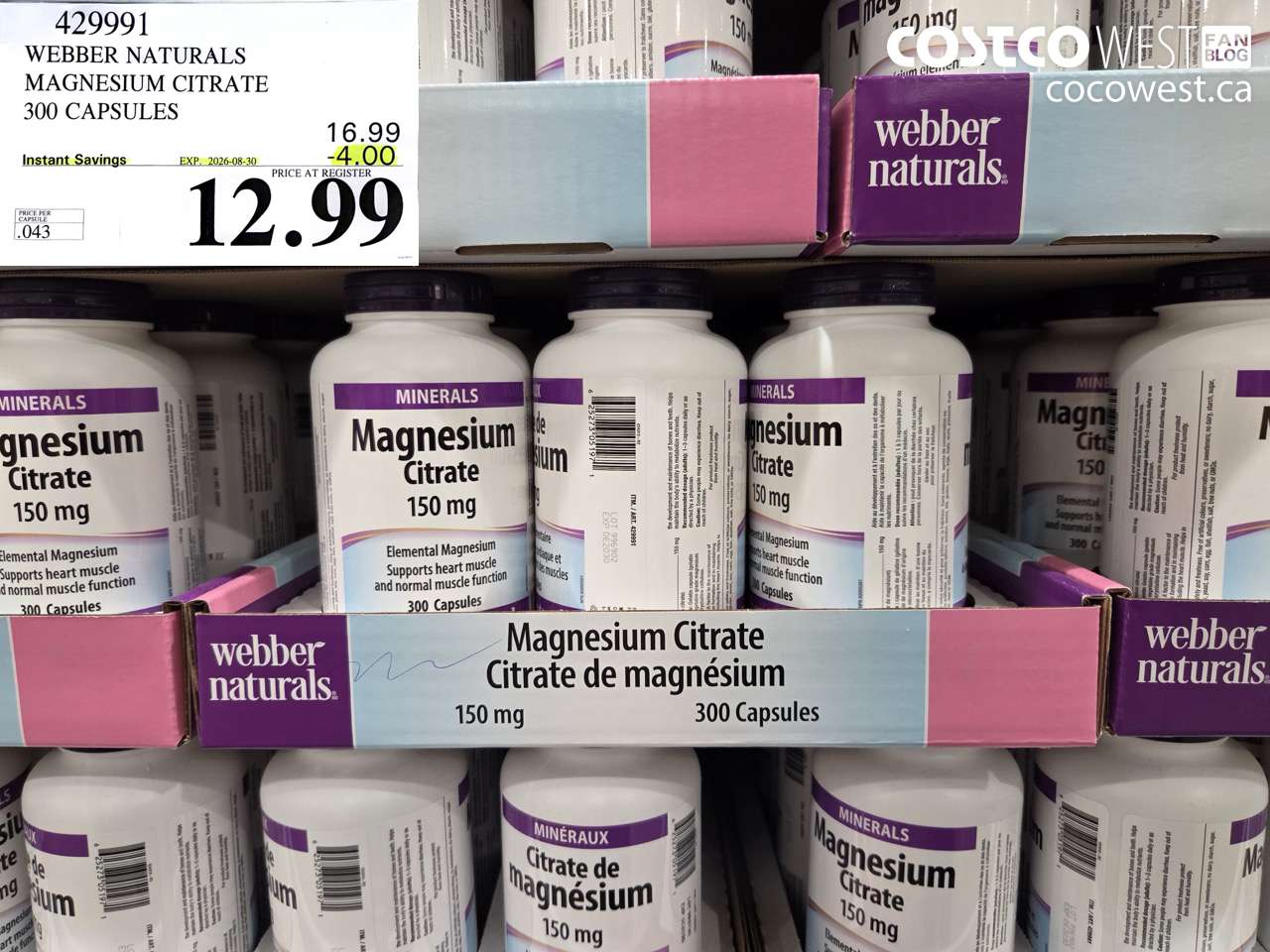 429991 WEBBER NATURALS MAGNESIUM CITRATE 300 CAPSULES ($4.00 INSTANT SAVINGS EXPIRES ON 2026-08-30) $12.99